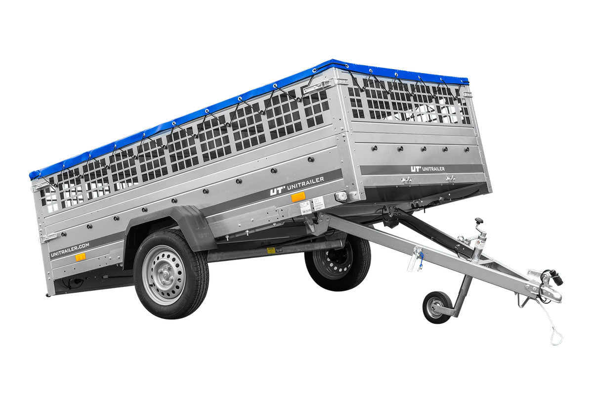 Remorque légère 264 x 150 UNITRAILER GARDEN 265 KIPP avec ridelles grillagées, châssis H-0 et bâche bleue