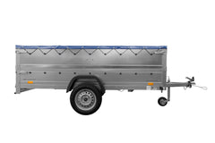 Remorque simple essieu Unitrailer GARDEN TRAILER 264 KIPP avec rehausses de ridelles et bâche plate bleue