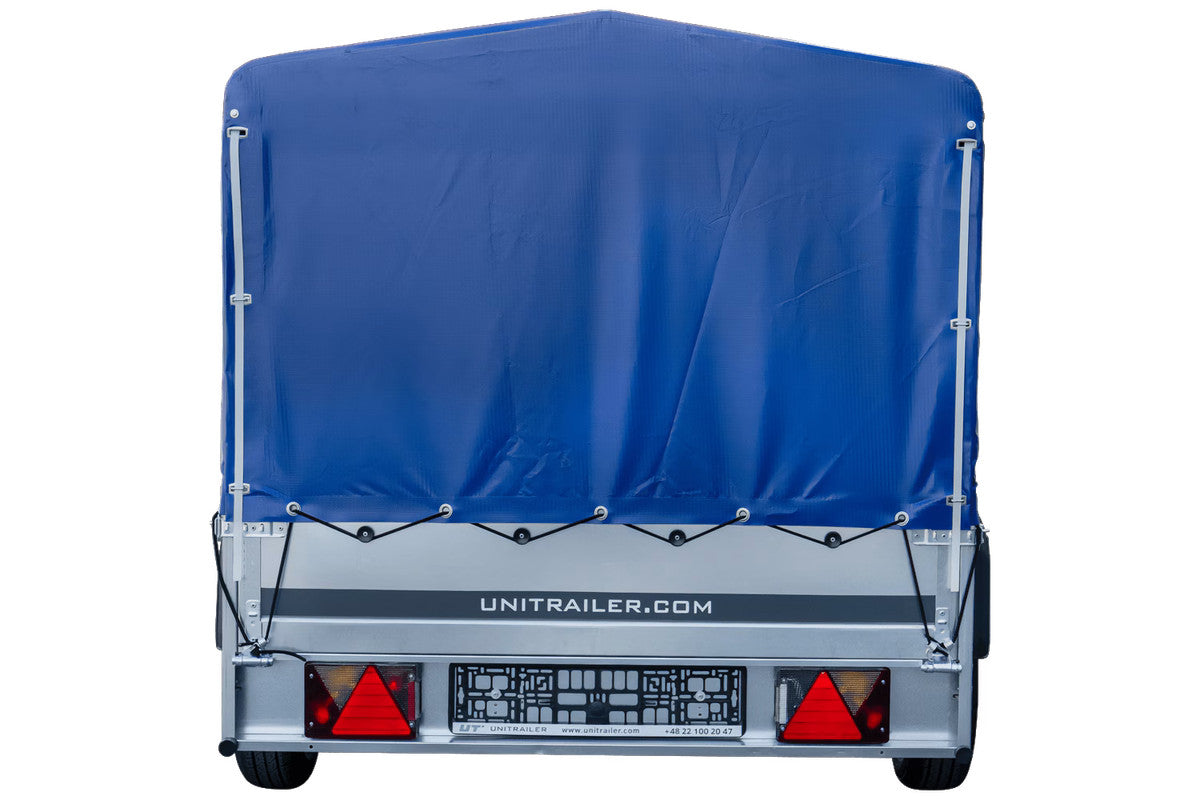 Remorque voiture longue GARDEN TRAILER 264 KIPP avec roue jockey et bâche bleue