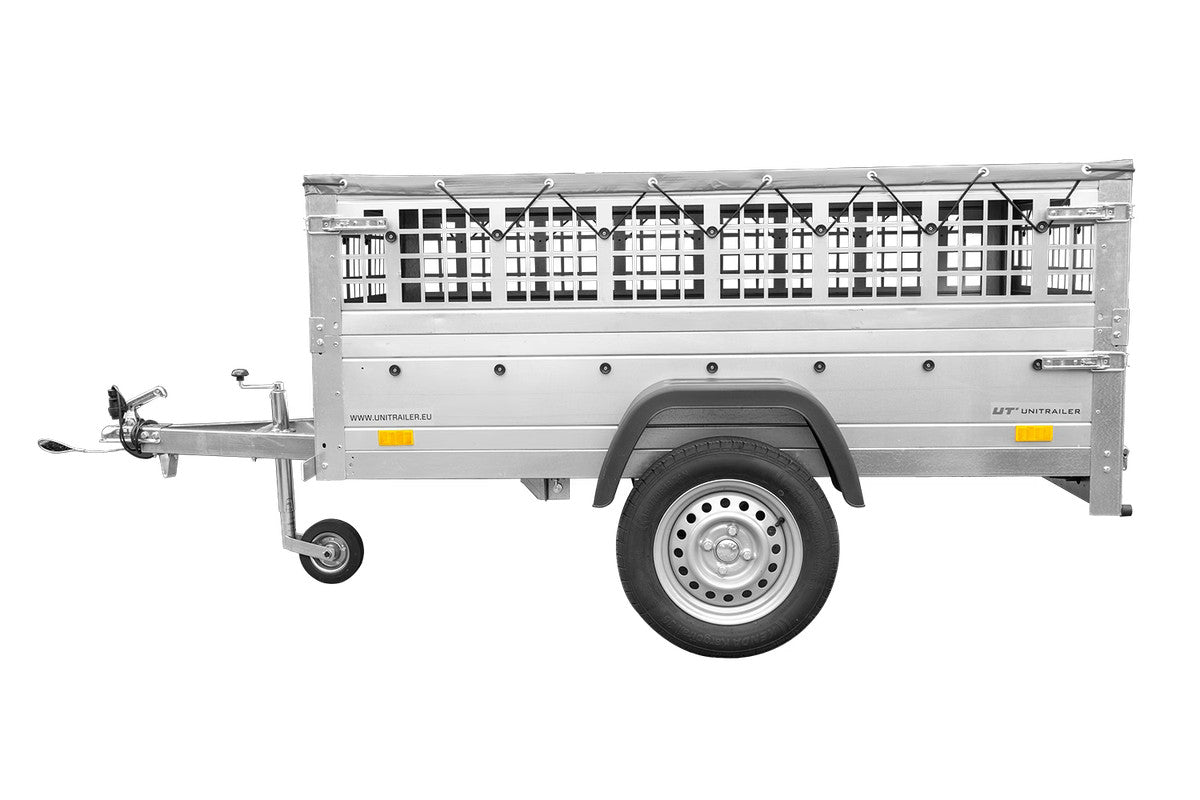 Remorque grillagée 200 x 106 avec bâche plate grise, tiges de support bâche, ridelles grillagées et roue jockey – Garden Trailer 200 KIPP