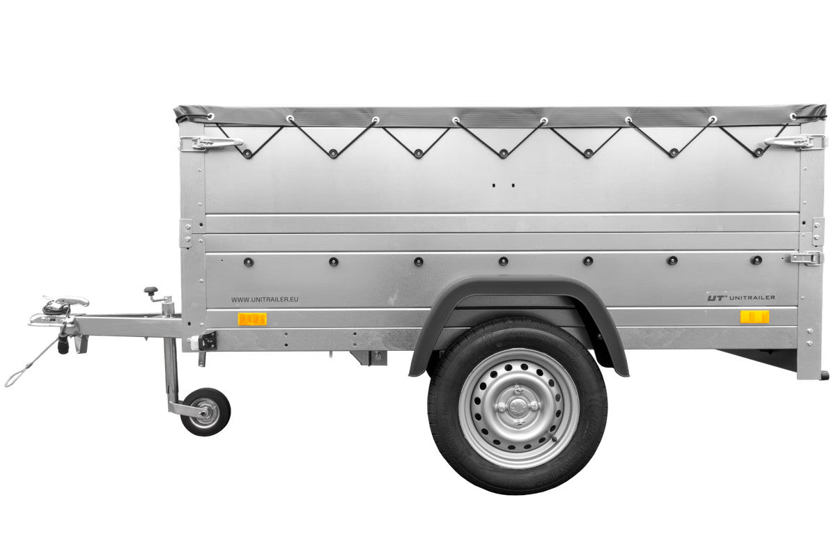 Remorque neuve 200 x 125 avec bâche plate, rehausses de ridelles et roue jockey – Garden Trailer 201 KIPP