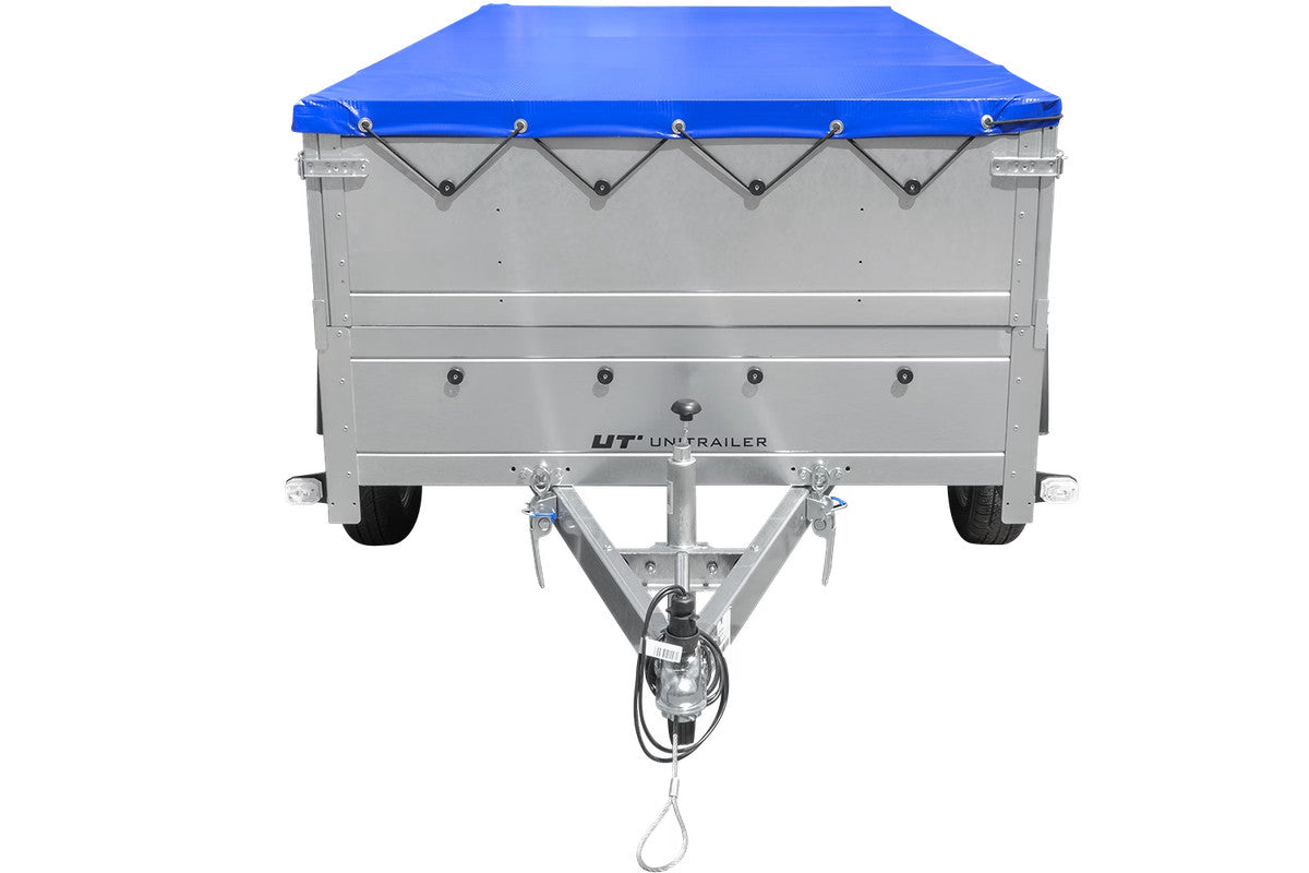 Remorque double essieux Garden Trailer 264/2 KIPP avec roue jockey, rehausses de ridelles et bâche plate bleue