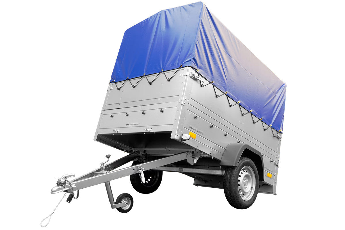 Remorque simple essieu 200 x 125 avec bâche haute, arceau, rehausses de ridelles et roue jockey – Garden Trailer 201 KIPP