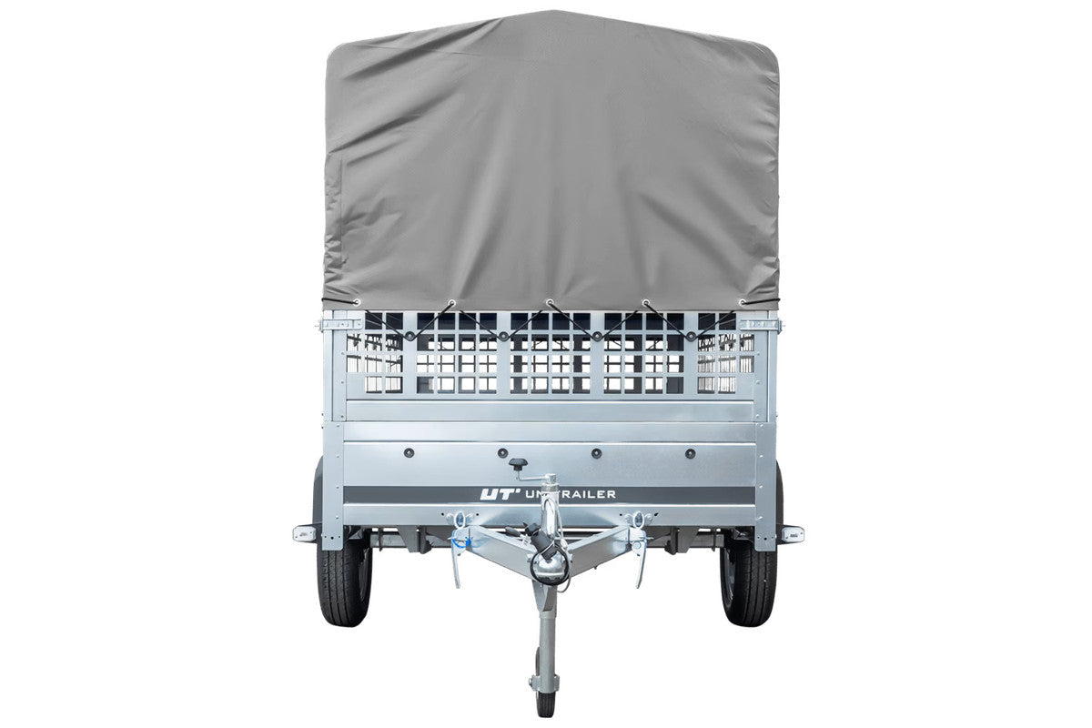 Remorque grand volume 230 x 125 avec bâche haute grise, ridelles grillagées et roue jockey – Garden Trailer 230 KIPP