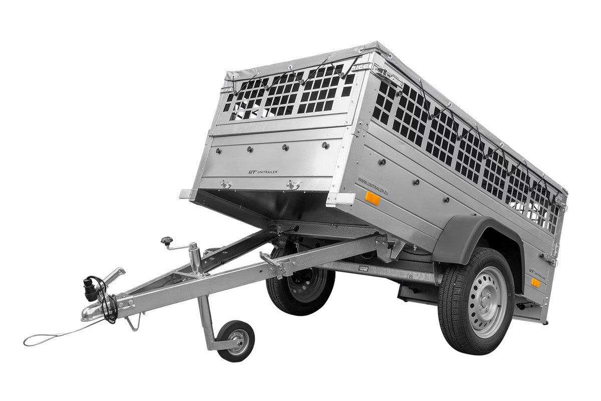Remorque grillagée 200 x 106 avec bâche plate grise, ridelles grillagées et roue jockey – Garden Trailer 200 KIPP