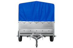 Remorque à un essieu 264 x 150 UNITRAILER GARDEN 265 KIPP avec ridelles BIS, arceau H-800 et bâche bleue
