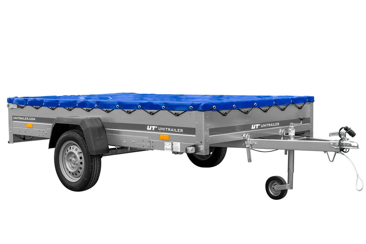 Remorque à un essieu 264 x 150 UNITRAILER GARDEN 265 KIPP avec châssis H-0 et bâche bleue