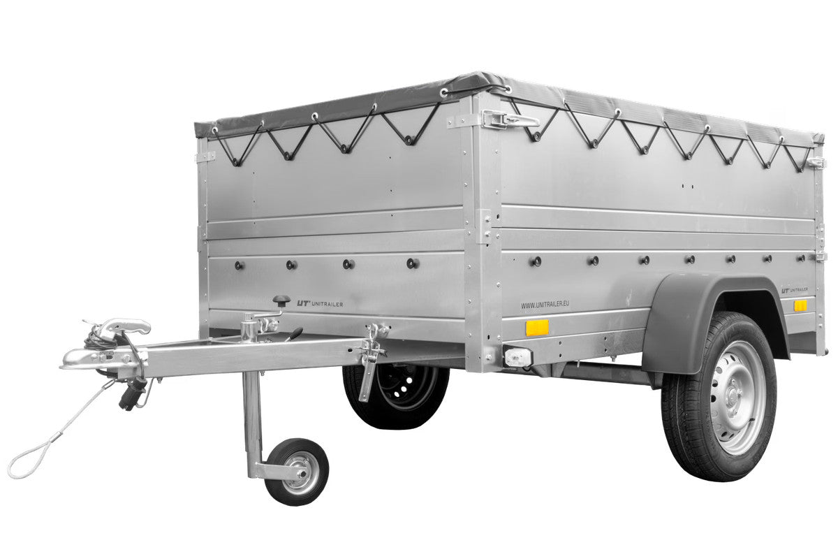 Remorque neuve 200 x 125 avec bâche plate, rehausses de ridelles et roue jockey – Garden Trailer 201 KIPP