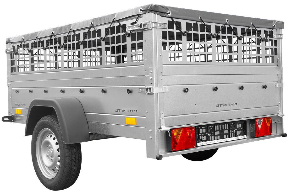 Remorque grillagée 200 x 125 avec bâche plate grise, tiges de support bâche, ridelles grillagées et roue jockey – Garden Trailer 201 KIPP