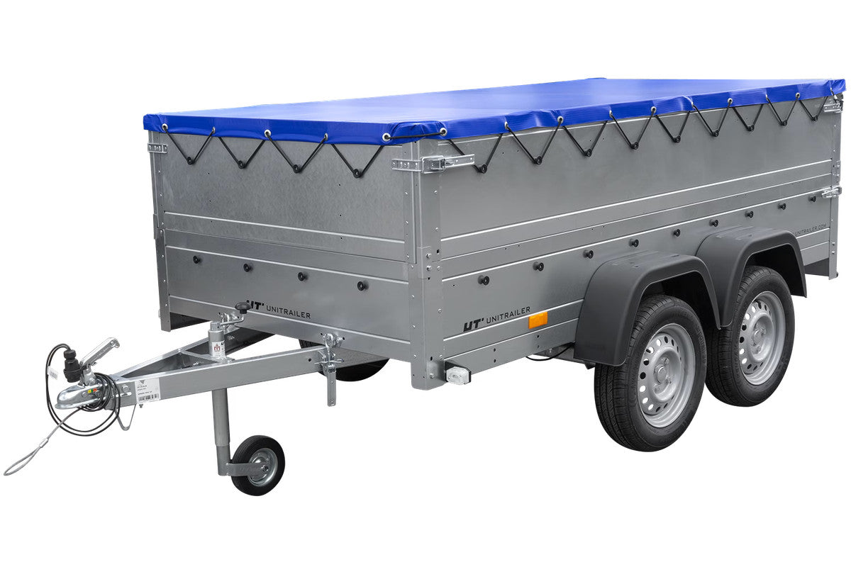 Remorque double essieux Garden Trailer 264/2 KIPP avec roue jockey, rehausses de ridelles et bâche plate bleue