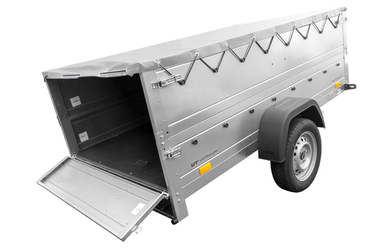 Remorque grand volume 230 x 125 avec bâche plate grise, rehausses de ridelles et roue jockey – Garden Trailer 230 KIPP