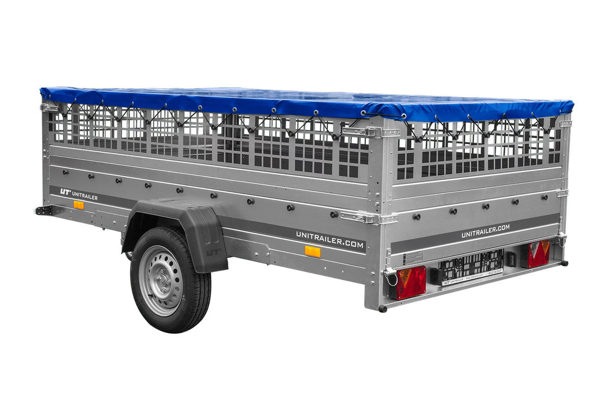 Remorque légère 264 x 150 UNITRAILER GARDEN 265 KIPP avec ridelles grillagées, châssis H-0 et bâche bleue