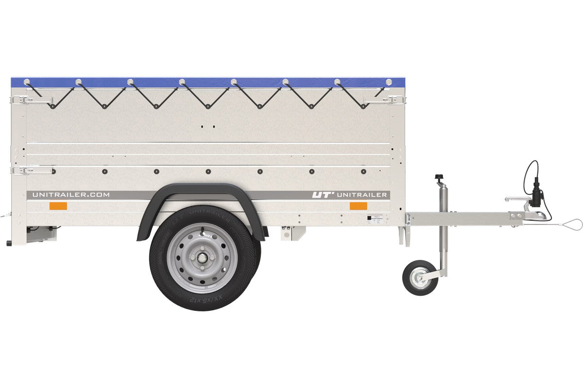 Remorque Garden Trailer 200 Kipp avec roue jockey, rehausses, châssis H-0 et bâche bleue