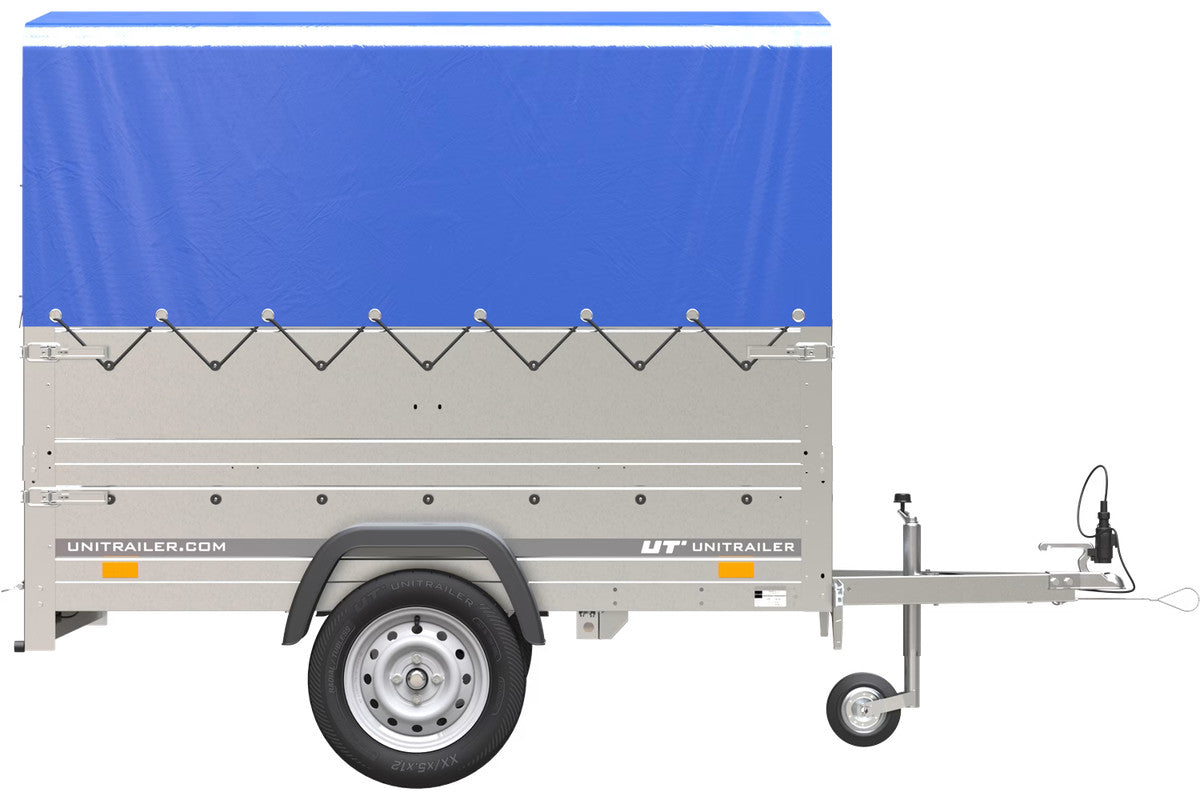 Remorque Garden Trailer 200 Kipp avec roue jockey, rehausses supplémentaire, arceau H-800 et bâche bleue