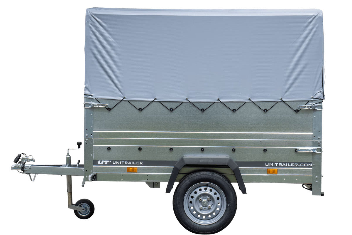 Remorque simple essieu 200 x 125 avec bâche haute, arceau, rehausses de ridelles et roue jockey – Garden Trailer 201 KIPP