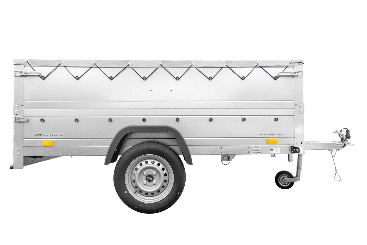 Remorque grand volume 230 x 125 avec bâche plate grise, tiges de support bâche, rehausses de ridelles et roue jockey – Garden Trailer 230 KIPP