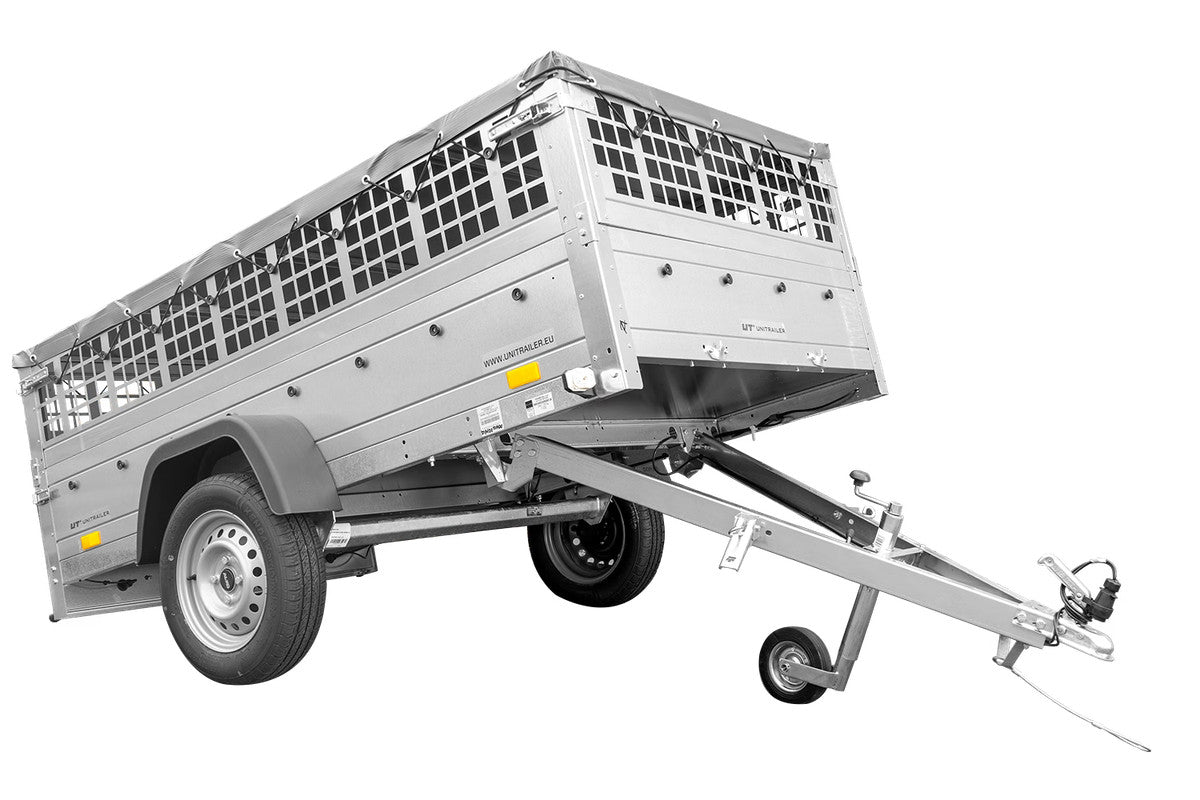 Remorque grand volume 230 x 125 avec bâche plate, ridelles grillagées, roue jockey et tiges de support bâche – Garden Trailer 230 KIPP