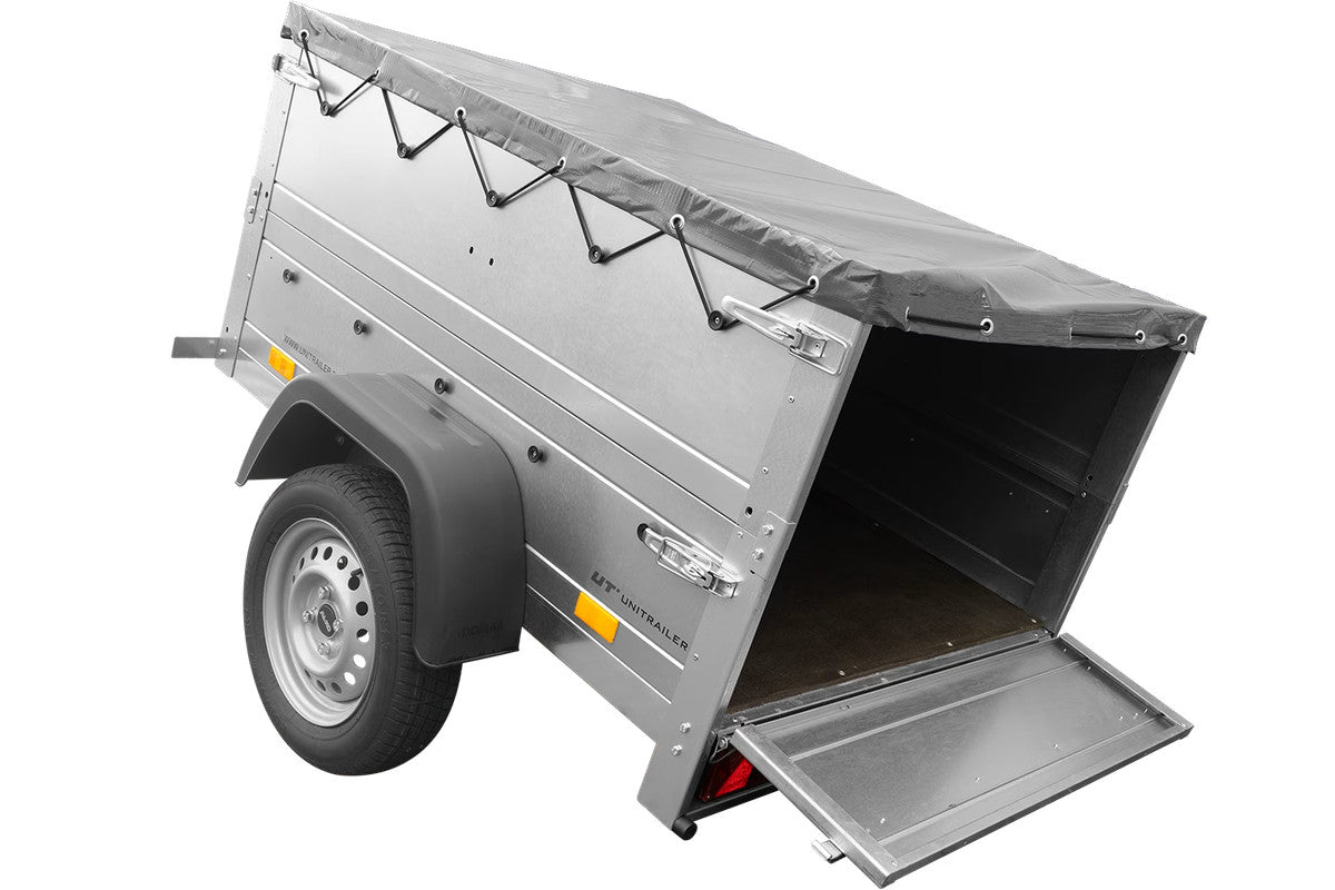 Remorque petite à vendre à benne basculante – Garden Trailer 150 KIPP [avec rehausses de ridelles et bâche plate grise]