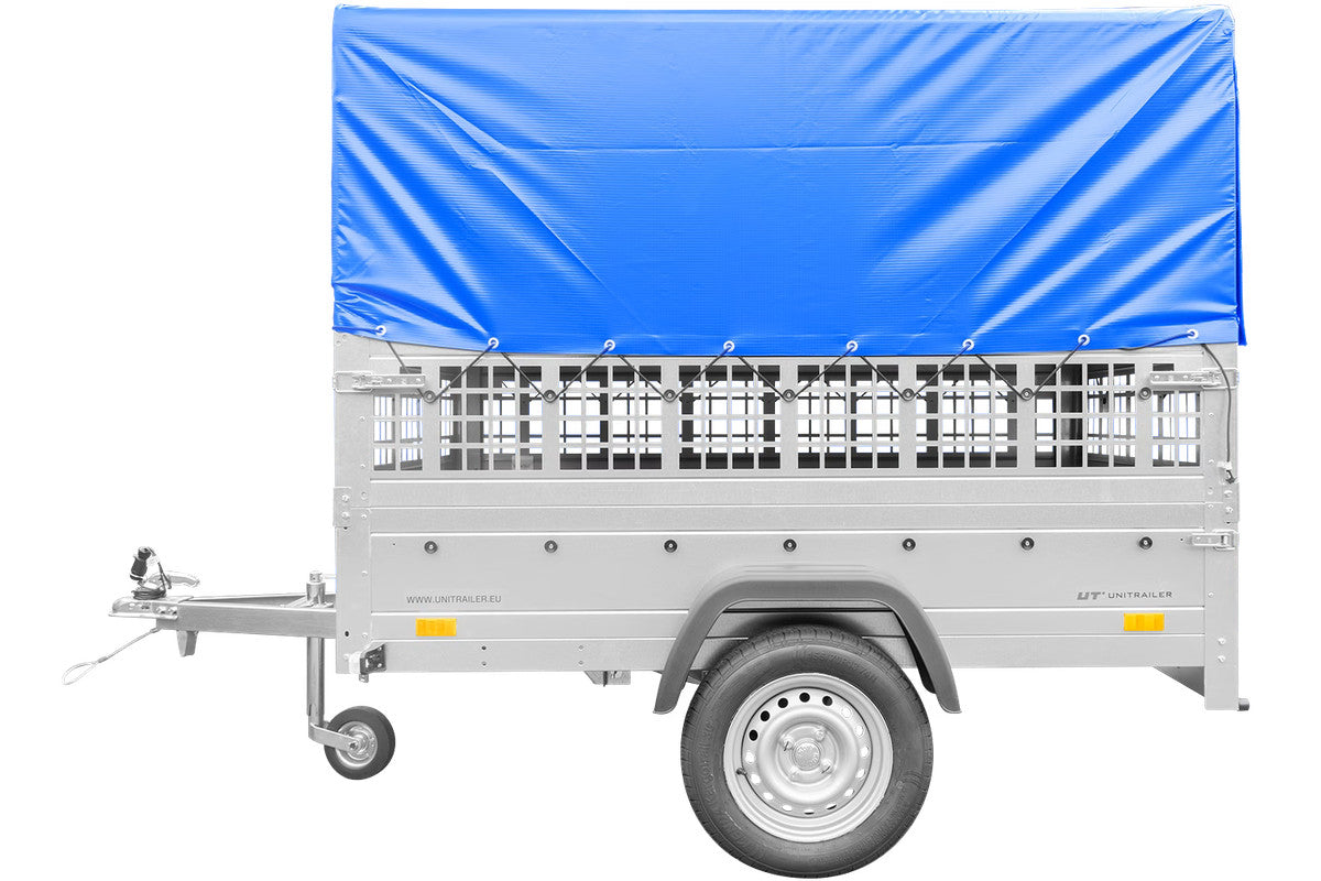 Remorque neuve à vendre Garden Trailer 201 KIPP 500 kg 200 x 125 cm [avec bâche haute bleue, arceau, ridelles grillagées et roue jockey]