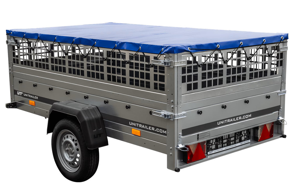 Remorque sans frein 230 x 125 avec bâche plate bleue, ridelles grillagées et roue jockey – Garden Trailer 230 KIPP