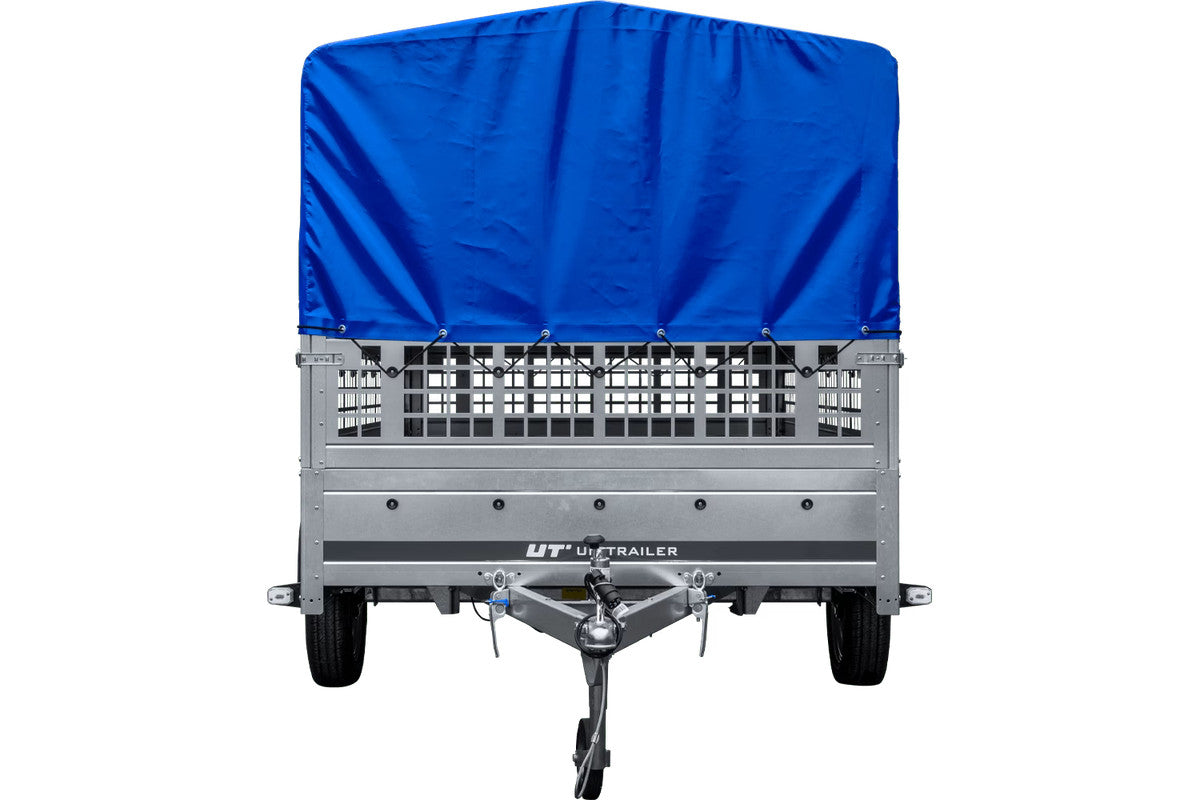 Remorque voiture 264 x 150 UNITRAILER GARDEN 265 KIPP avec ridelles grillagées, arceau H-800 et bâche bleue