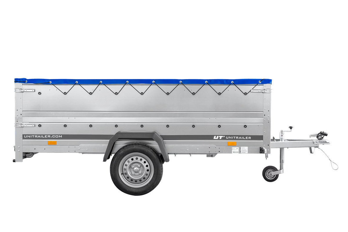 Remorque à essieu simple 264 x 150 UNITRAILER GARDEN 265 KIPP avec ridelles BIS, châssis H-0 et bâche bleue