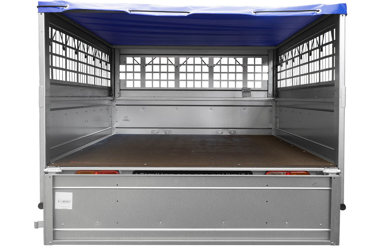 Remorque utilitaire 200 x 125 avec bâche plate, ridelles grillagées et roue jockey – Garden Trailer 201 KIPP