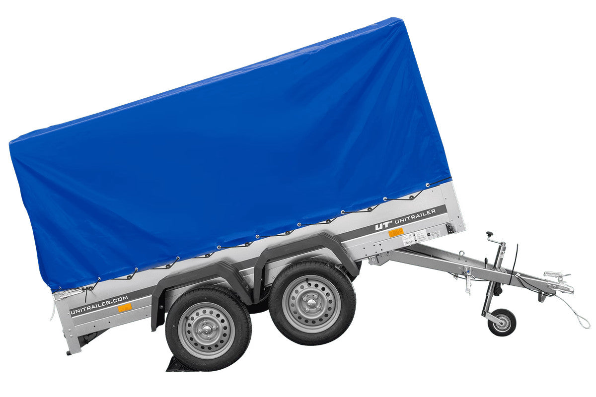 Remorque à deux essieux 264 x 150 UNITRAILER GARDEN 265/2 KIPP avec châssis H-1100 et bâche bleue