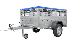 Remorque grillagée 200 x 106 avec bâche plate bleue, tiges de support bâche, ridelles grillagées et roue jockey – Garden Trailer 200 KIPP