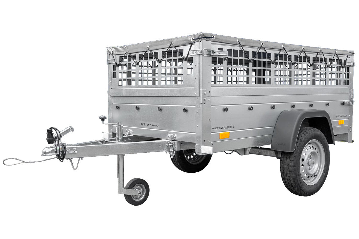 Remorque grillagée 200 x 106 avec bâche plate grise, ridelles grillagées et roue jockey – Garden Trailer 200 KIPP