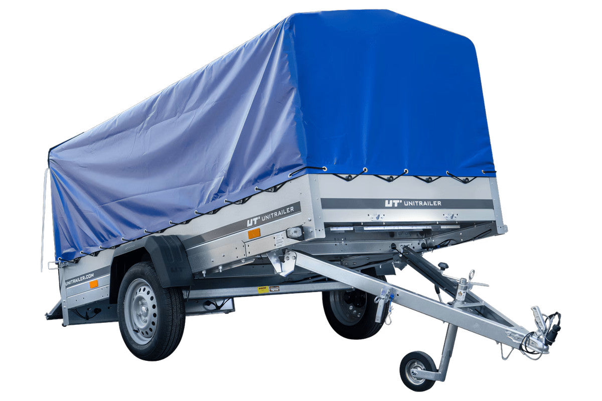 Remorque voiture longue GARDEN TRAILER 264 KIPP avec roue jockey et bâche bleue