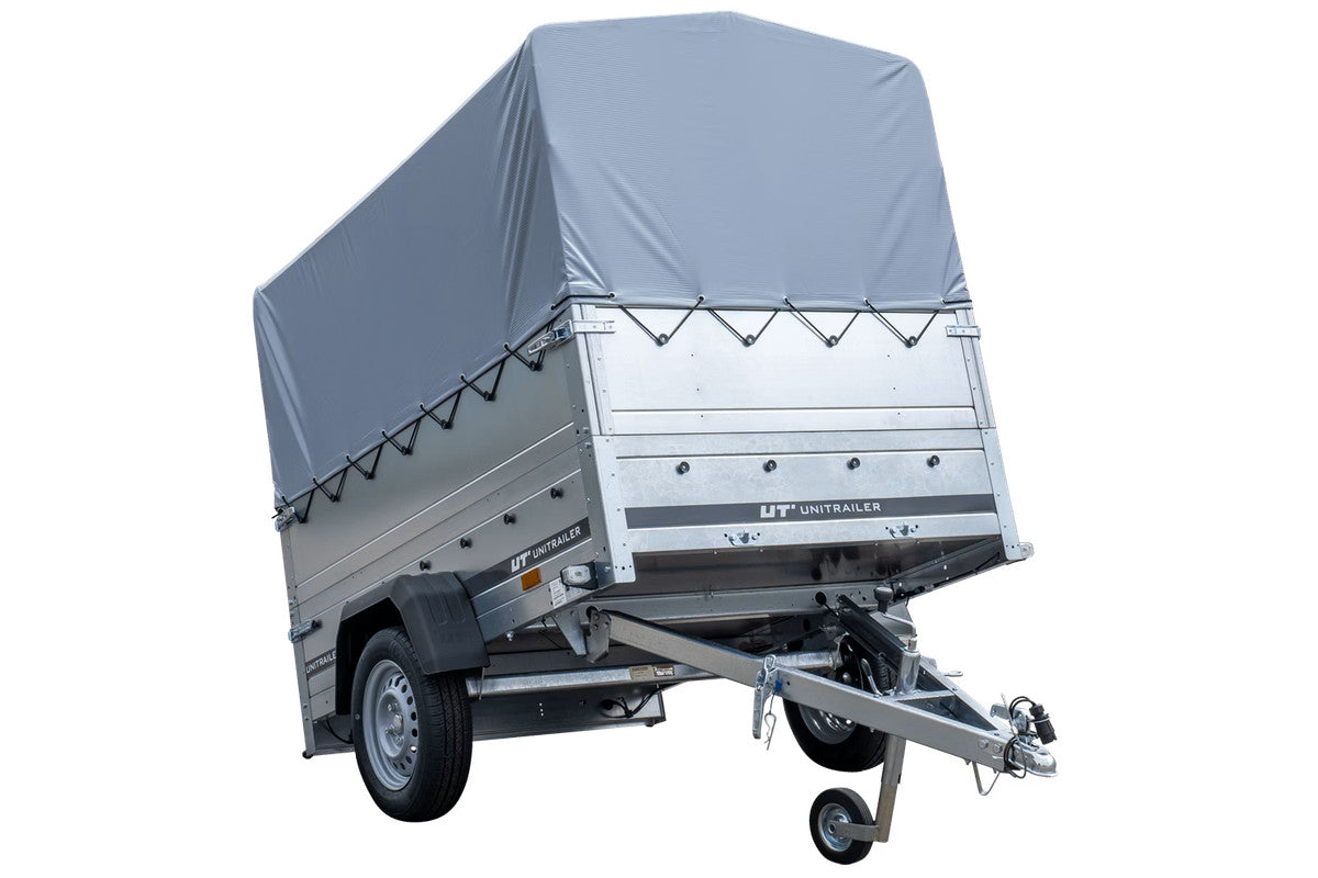 Remorque simple essieu 200 x 125 avec bâche haute, arceau, rehausses de ridelles et roue jockey – Garden Trailer 201 KIPP