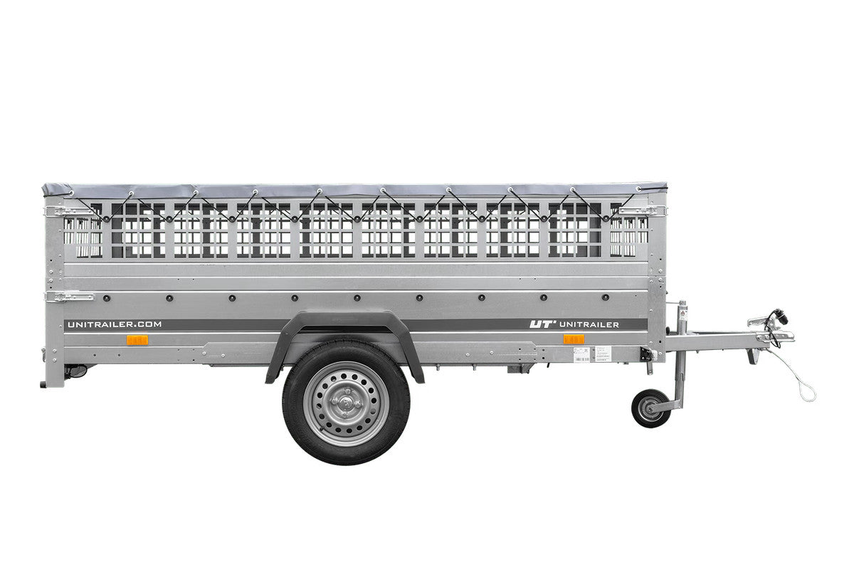 Remorque légère 264 x 150 UNITRAILER GARDEN 265 KIPP avec ridelles grillagées, châssis H-0 et bâche grise