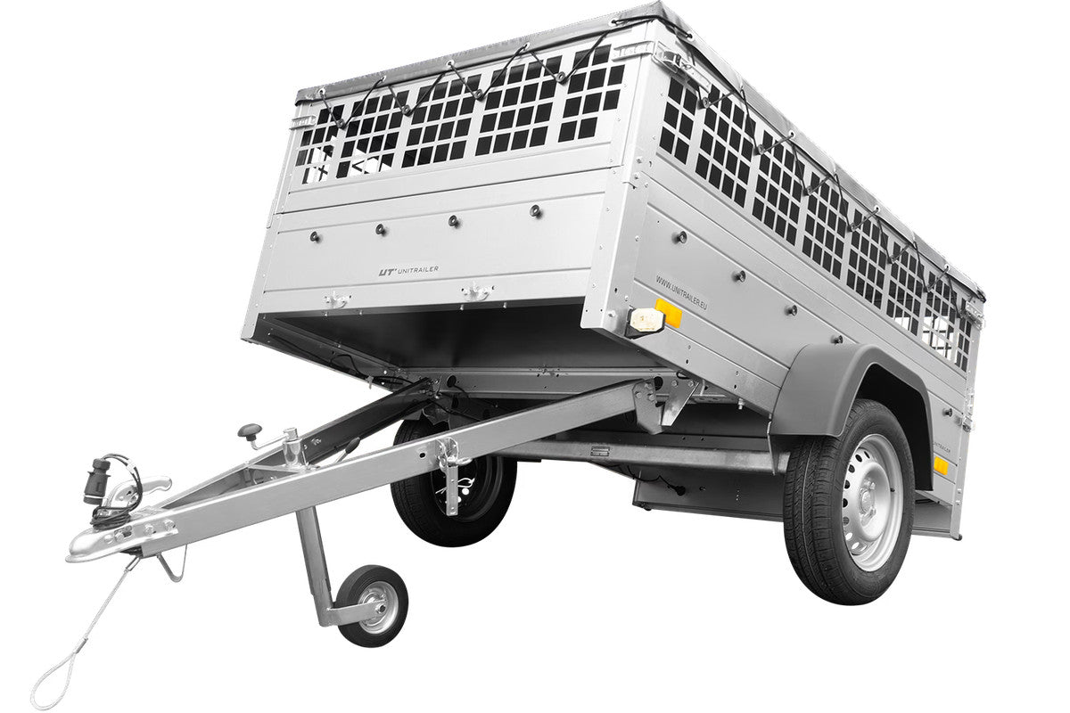 Remorque grillagée 200 x 125 avec bâche plate grise, tiges de support bâche, ridelles grillagées et roue jockey – Garden Trailer 201 KIPP