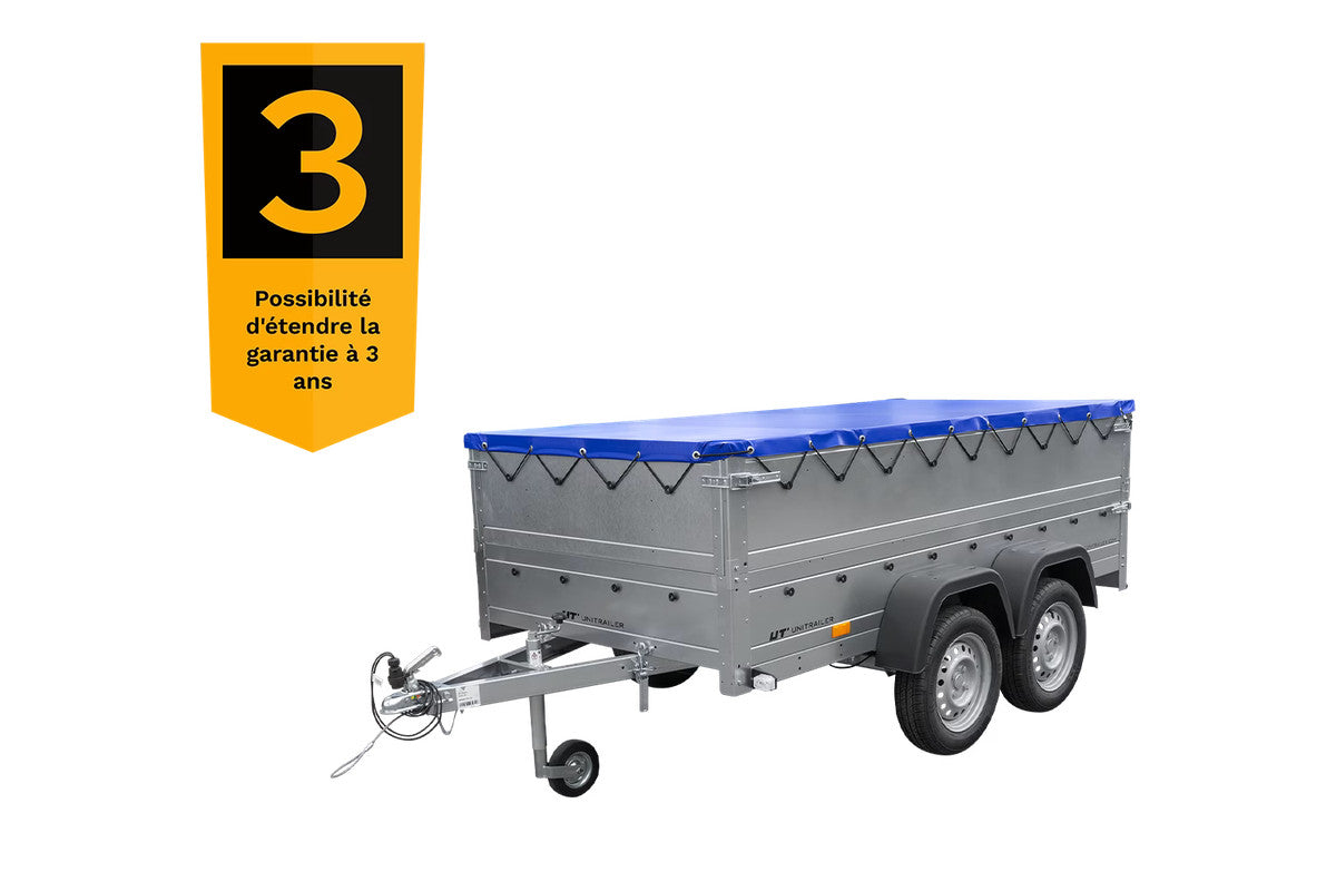 Remorque double essieux Garden Trailer 264/2 KIPP avec roue jockey, rehausses de ridelles et bâche plate bleue